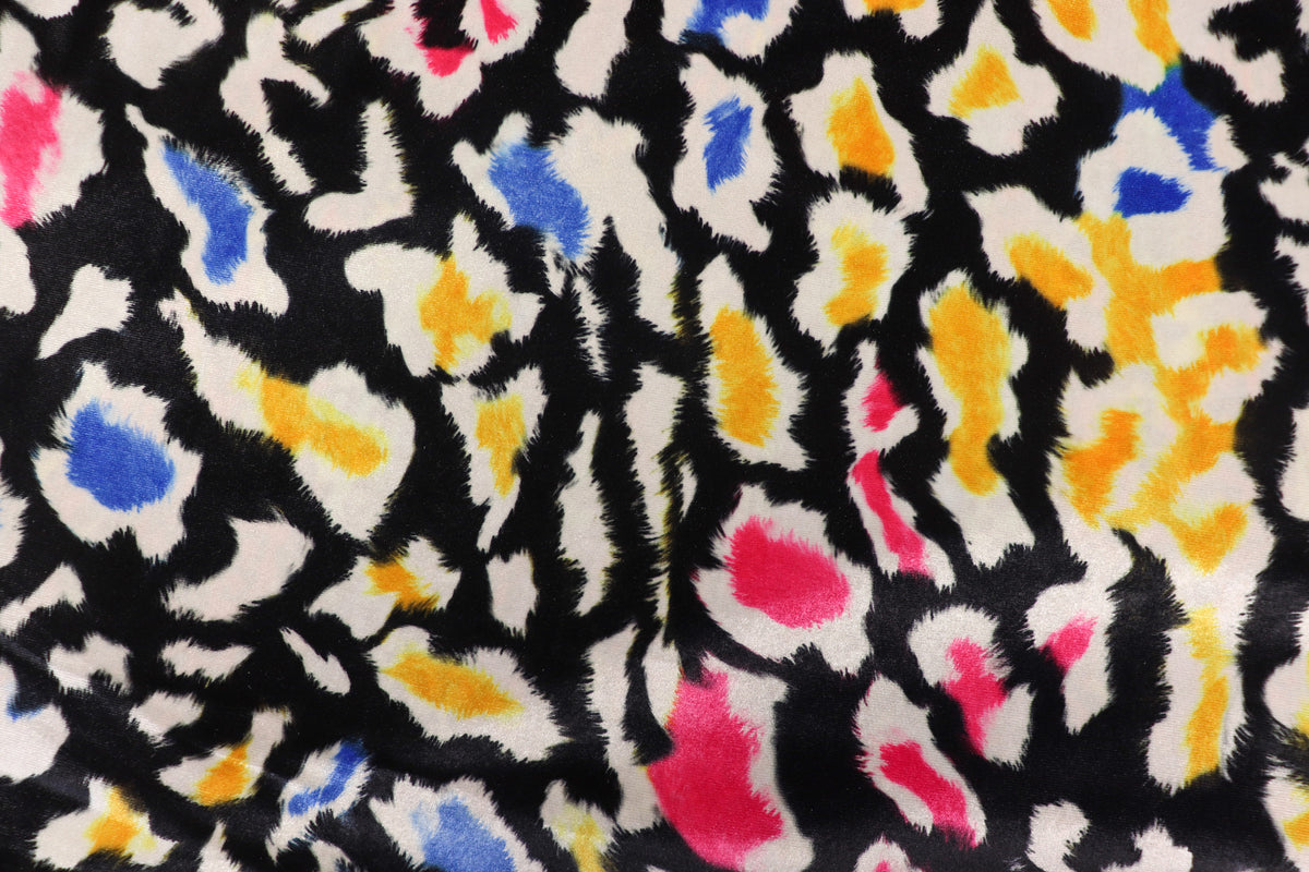 Black Leopard Velvet Fabric Yellow Pink Blue White Spots