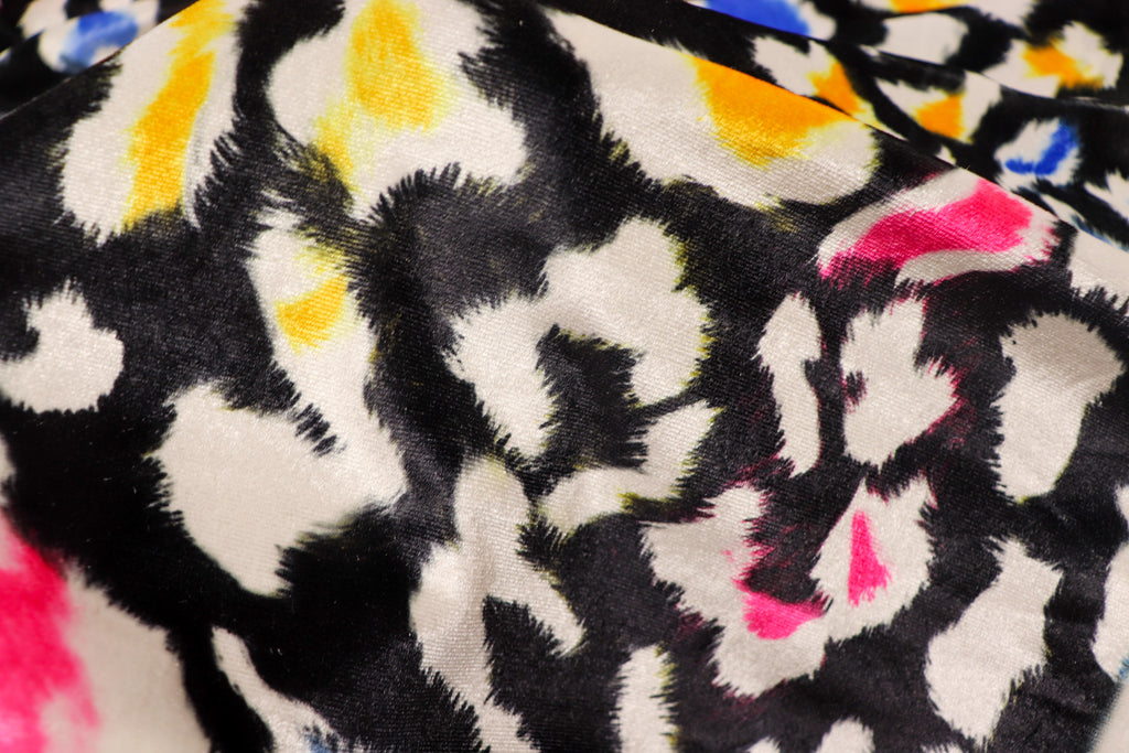 Black Leopard Velvet Fabric Yellow Pink Blue White Spots