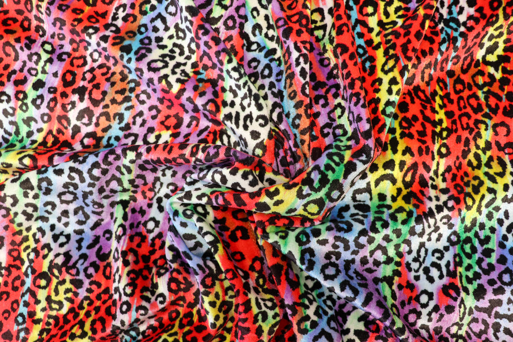 Red Multicolour Velvet Fabric Tie Dye Swirls Leopard Spots