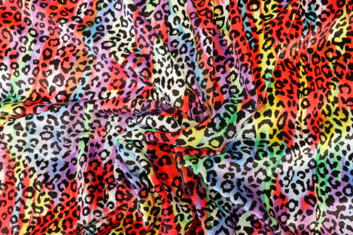 Red Multicolour Velvet Fabric Tie Dye Swirls Leopard Spots