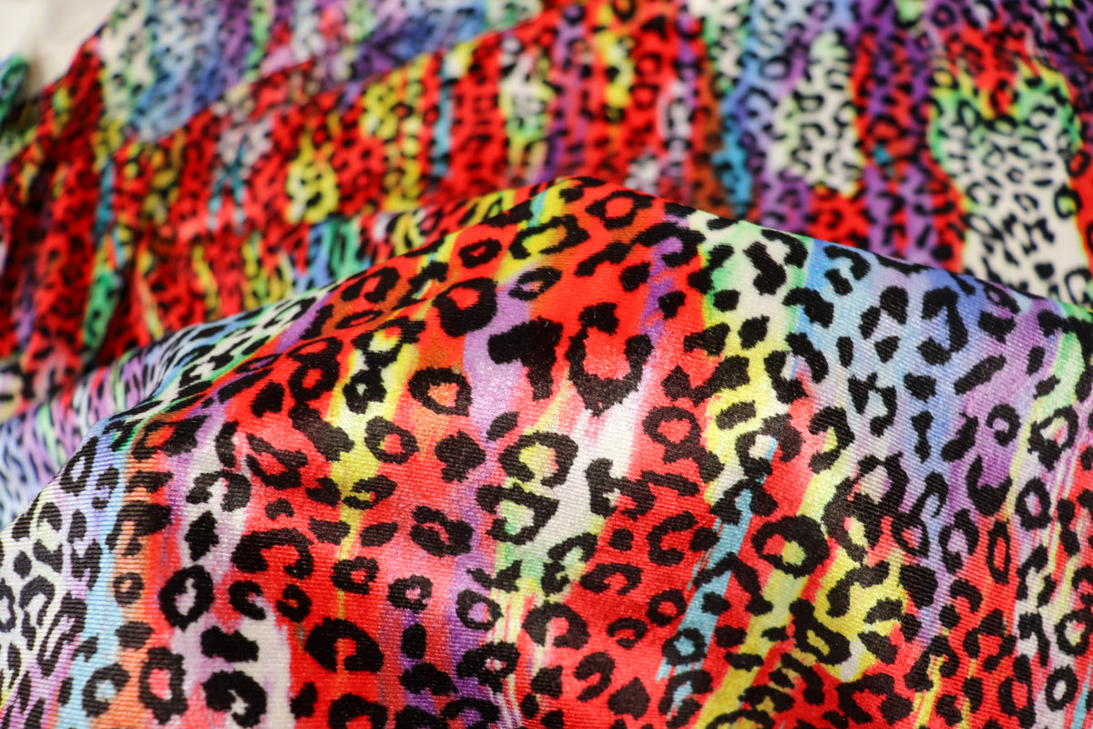 Red Multicolour Velvet Fabric Tie Dye Swirls Leopard Spots