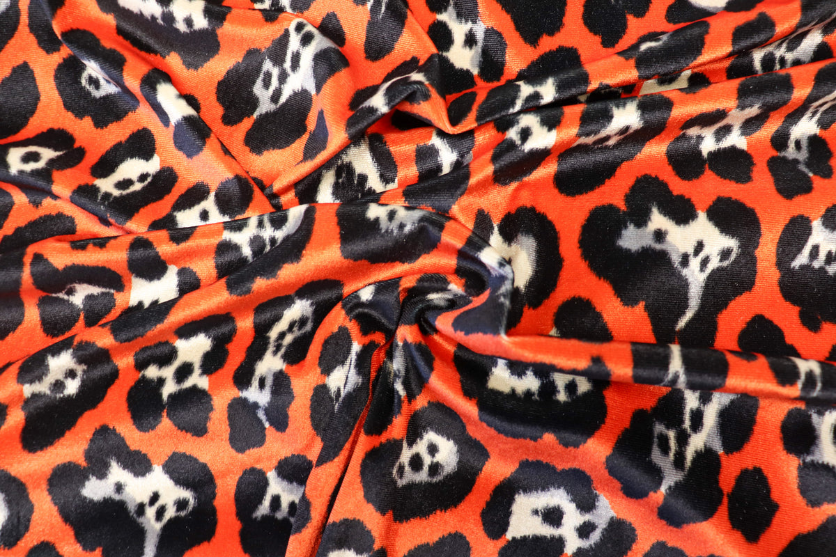 Jaguar Print Velvet Fabric Orange Black Animal Rosettes