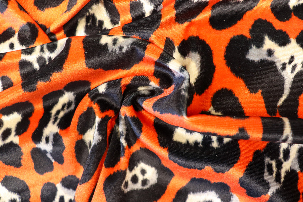 Jaguar Print Velvet Fabric Orange Black Animal Rosettes
