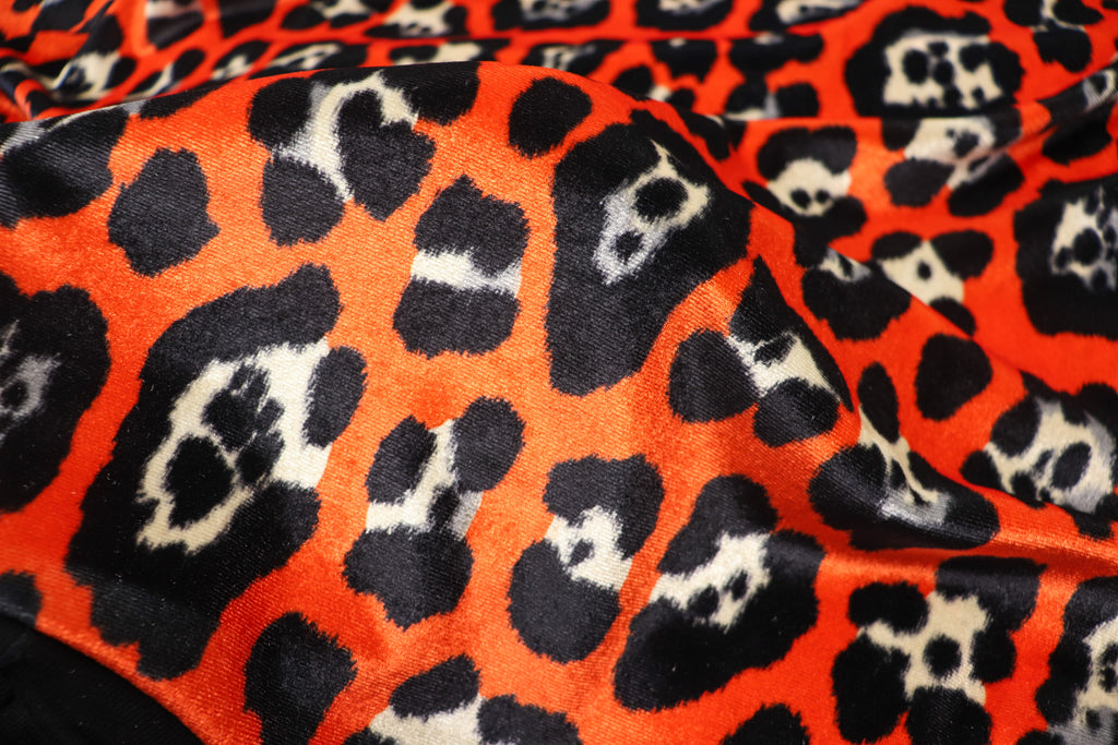 Jaguar Print Velvet Fabric Orange Black Animal Rosettes