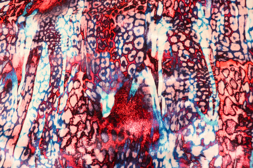 Red Blue Leopard Velvet Fabric Mini Print Tie Dye