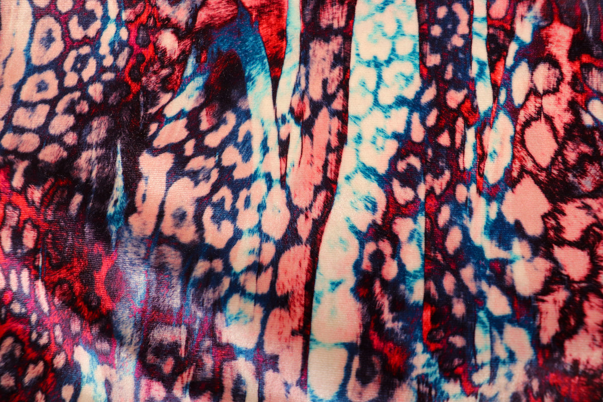 Red Blue Leopard Velvet Fabric Mini Print Tie Dye
