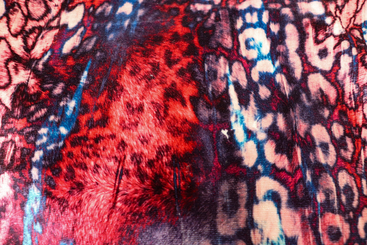 Red Blue Leopard Velvet Fabric Mini Print Tie Dye