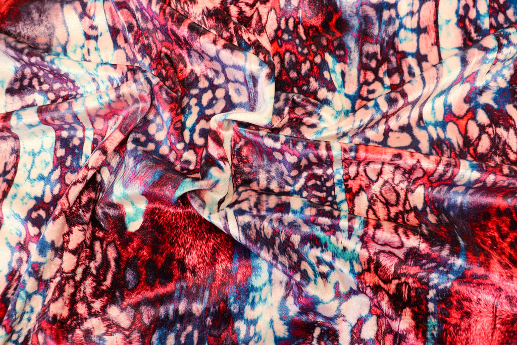 Red Blue Leopard Velvet Fabric Mini Print Tie Dye