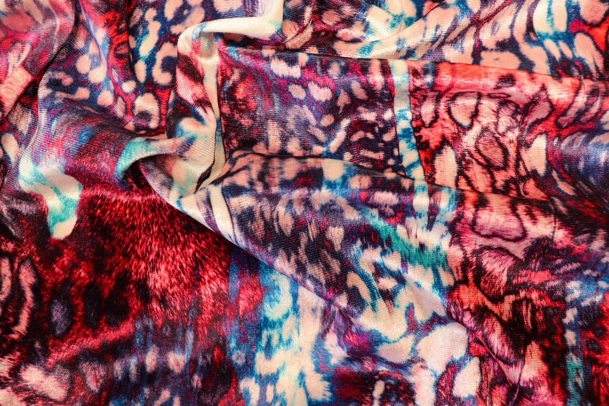 Red Blue Leopard Velvet Fabric Mini Print Tie Dye