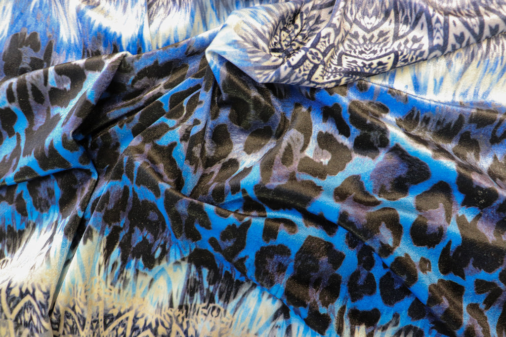 Blue Abstract Velvet Fabric Oriental Inspired Design