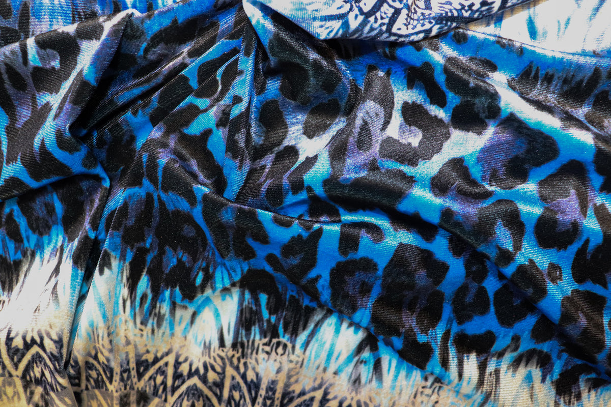 Blue Abstract Velvet Fabric Oriental Inspired Design
