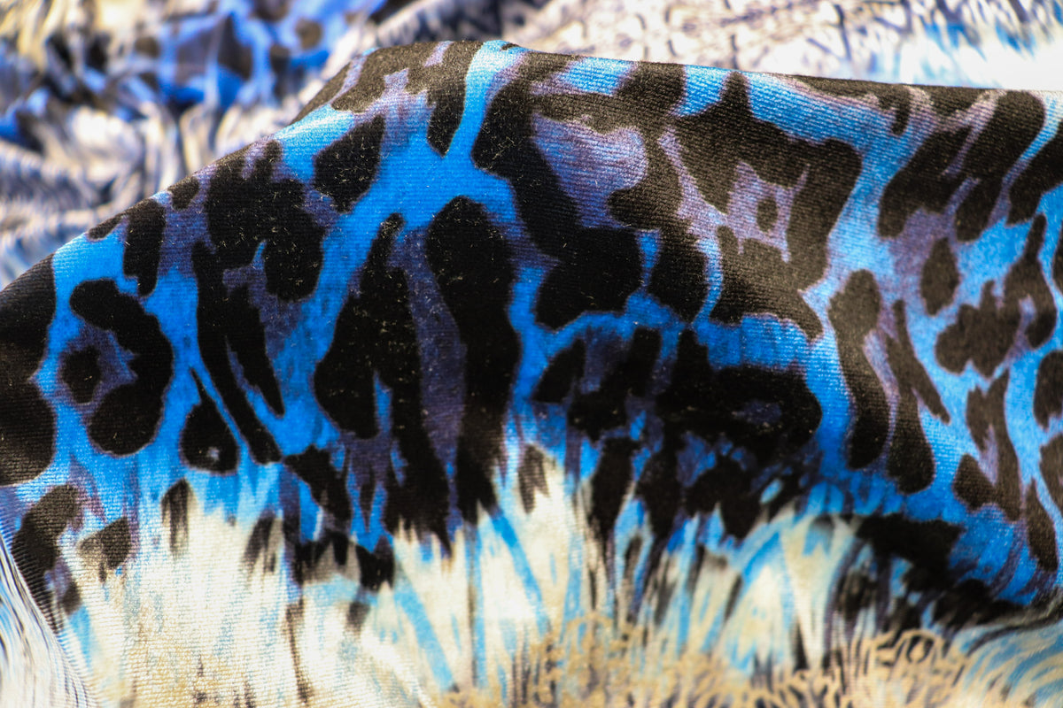 Blue Abstract Velvet Fabric Oriental Inspired Design