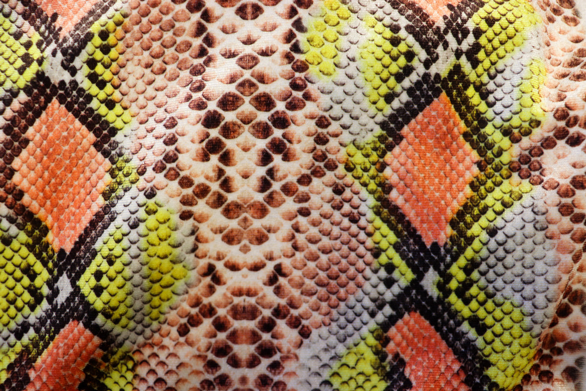 Snake Print Velvet Fabric Brown Yellow Orange Animal Design