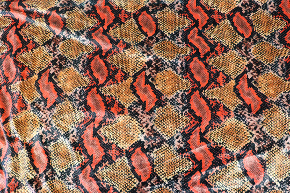 Red Snake Print Velvet Fabric Golden Brown Beige Scales