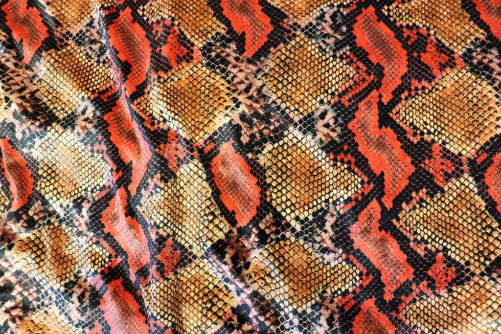 Red Snake Print Velvet Fabric Golden Brown Beige Scales