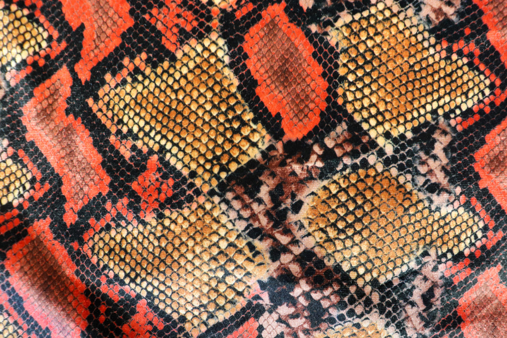 Red Snake Print Velvet Fabric Golden Brown Beige Scales