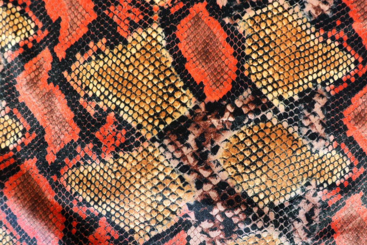 Red Snake Print Velvet Fabric Golden Brown Beige Scales