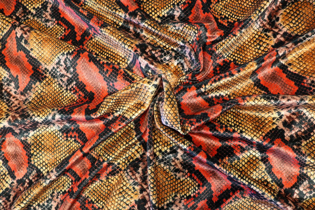 Red Snake Print Velvet Fabric Golden Brown Beige Scales