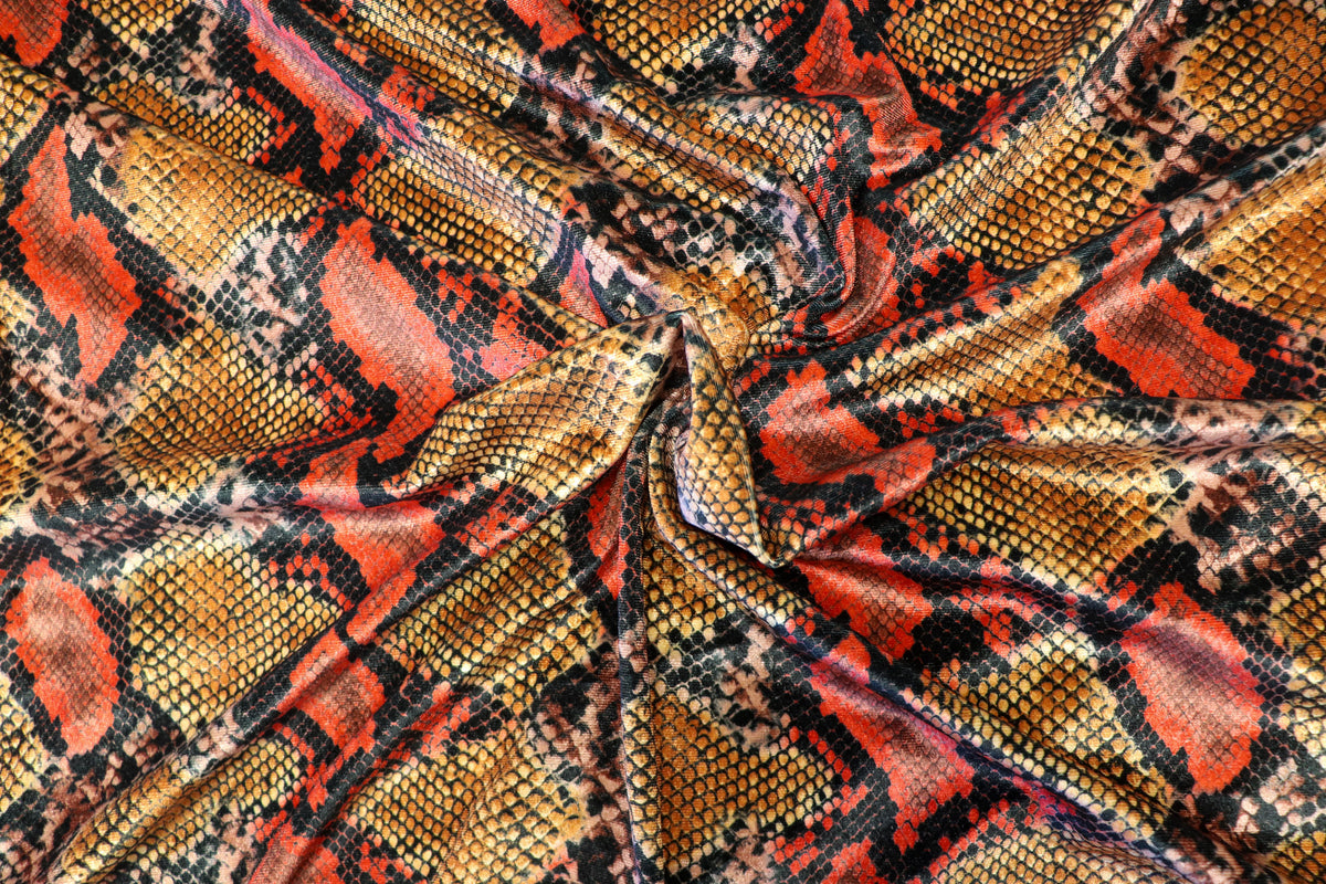 Red Snake Print Velvet Fabric Golden Brown Beige Scales