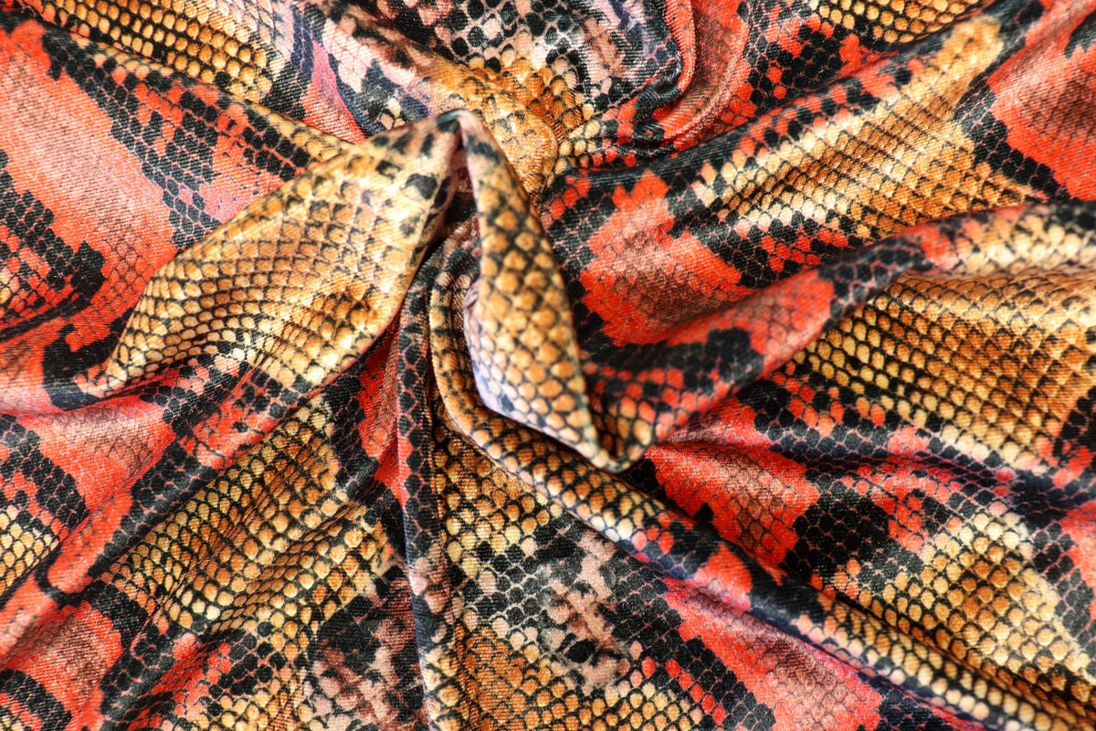 Red Snake Print Velvet Fabric Golden Brown Beige Scales