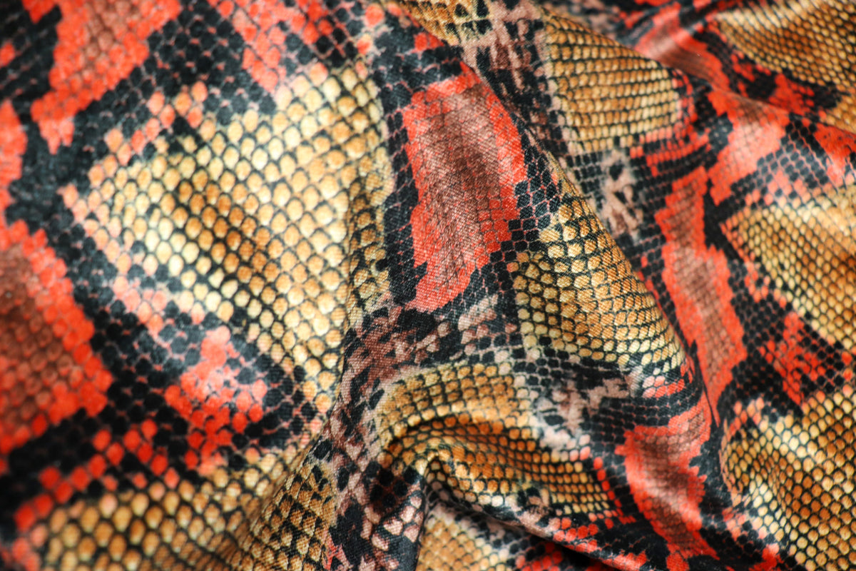 Red Snake Print Velvet Fabric Golden Brown Beige Scales