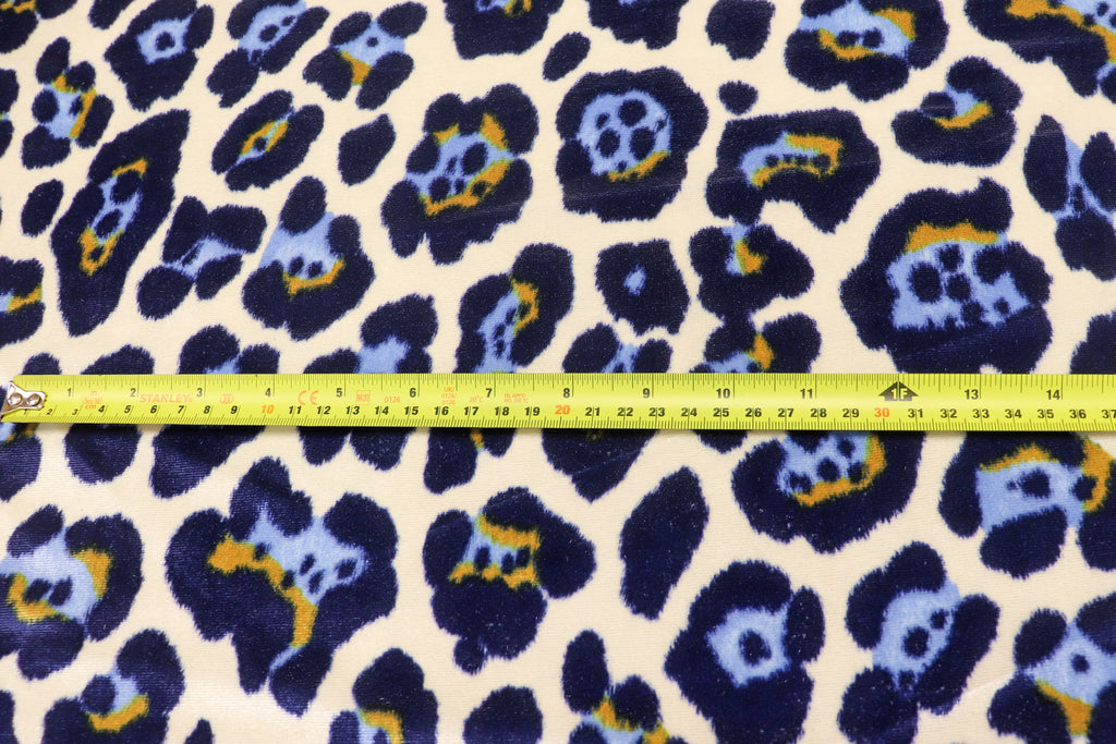 Jaguar Print Velvet Fabric Ivory Blue Gold Black Animal Rosettes