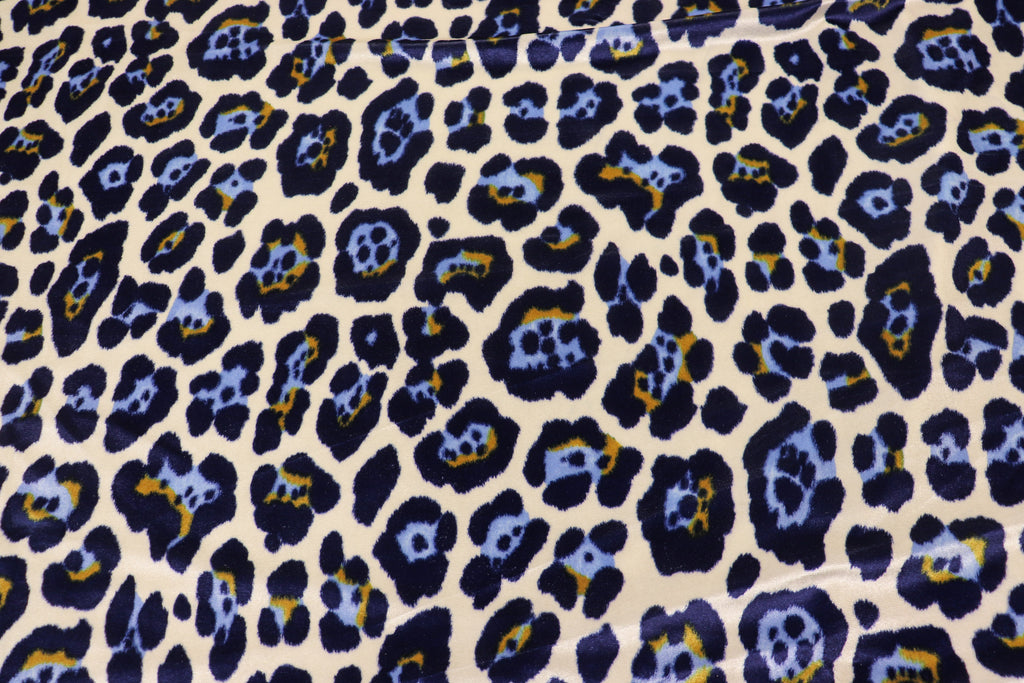Jaguar Print Velvet Fabric Ivory Blue Gold Black Animal Rosettes