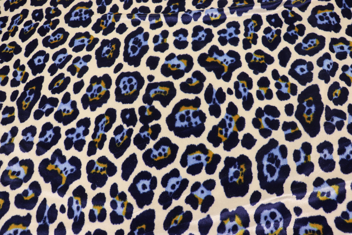 Jaguar Print Velvet Fabric Ivory Blue Gold Black Animal Rosettes