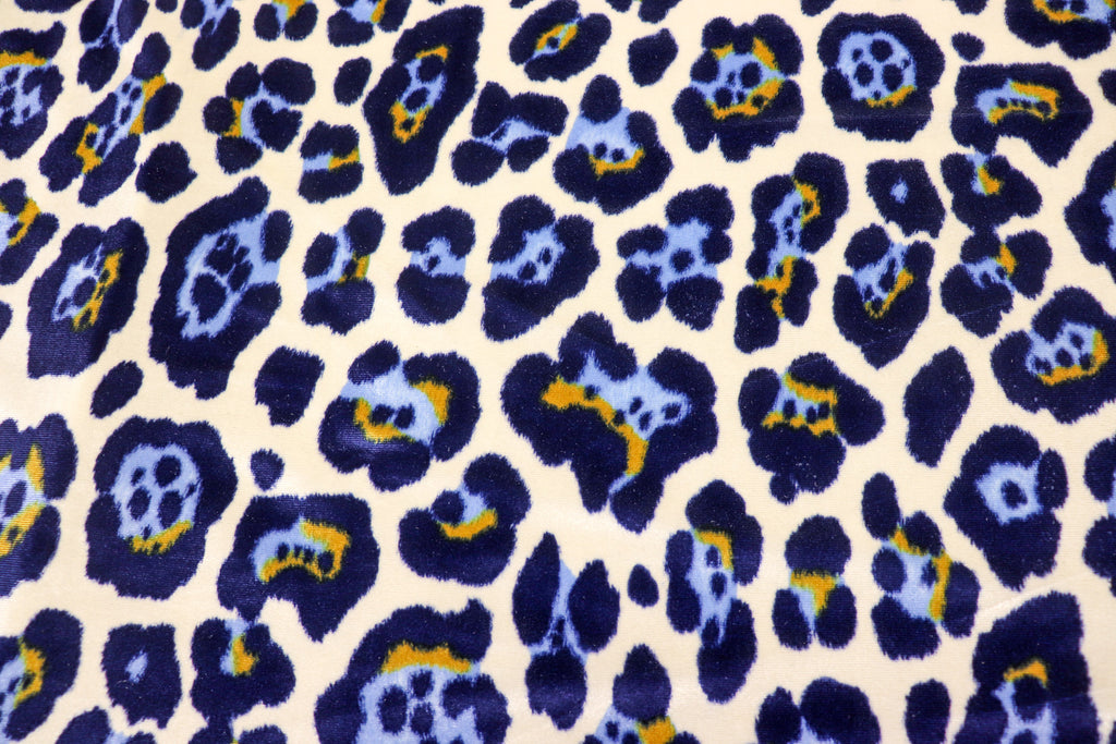 Jaguar Print Velvet Fabric Ivory Blue Gold Black Animal Rosettes