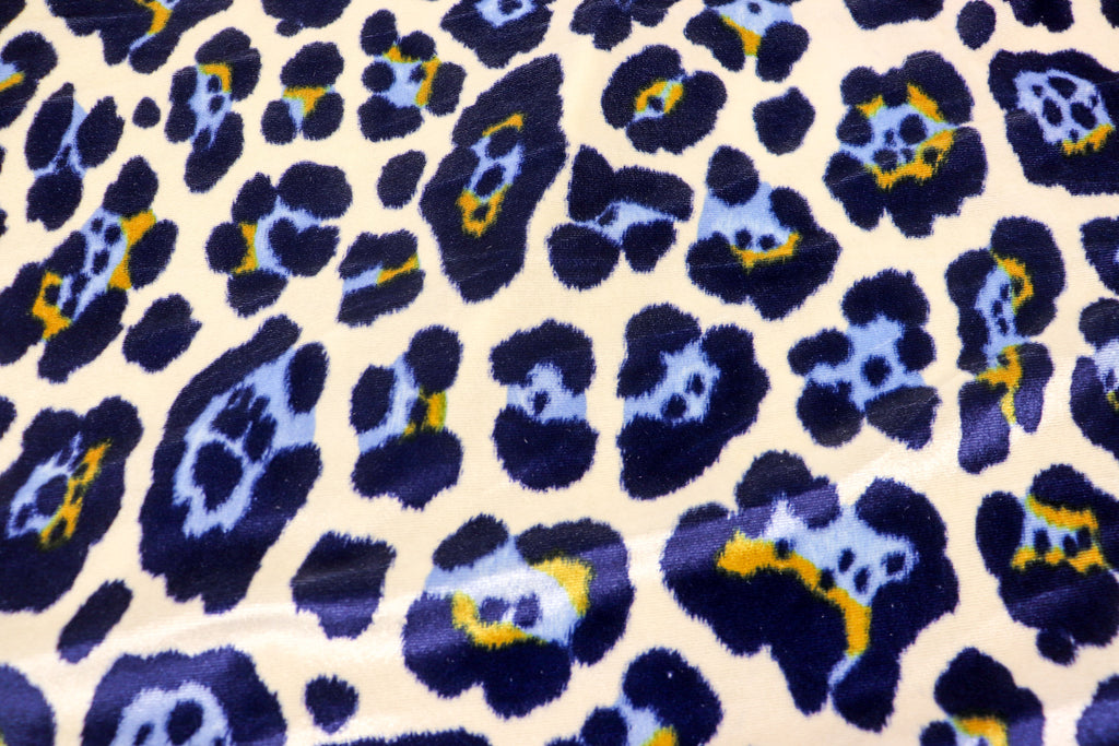 Jaguar Print Velvet Fabric Ivory Blue Gold Black Animal Rosettes