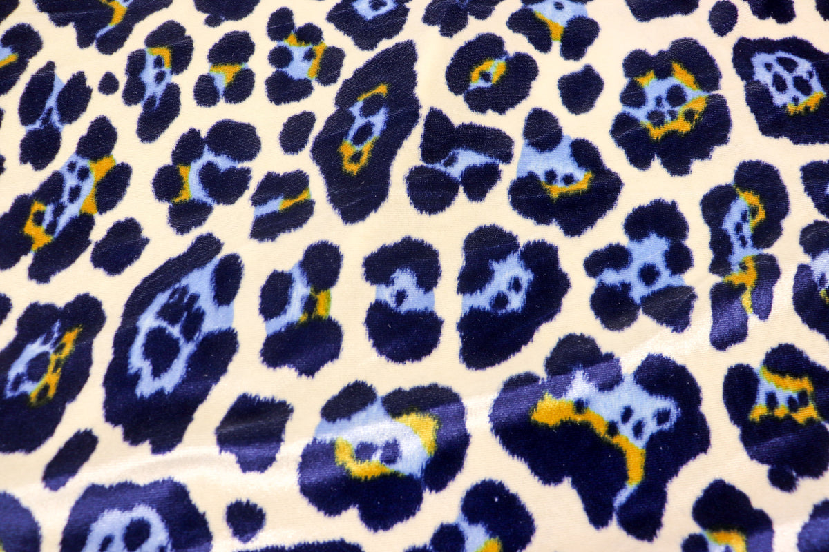 Jaguar Print Velvet Fabric Ivory Blue Gold Black Animal Rosettes