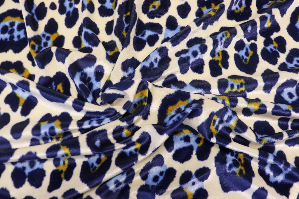 Jaguar Print Velvet Fabric Ivory Blue Gold Black Animal Rosettes