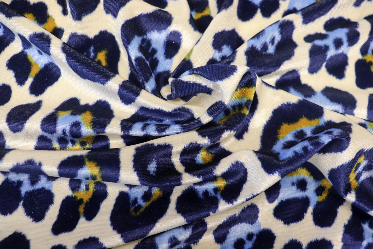 Jaguar Print Velvet Fabric Ivory Blue Gold Black Animal Rosettes