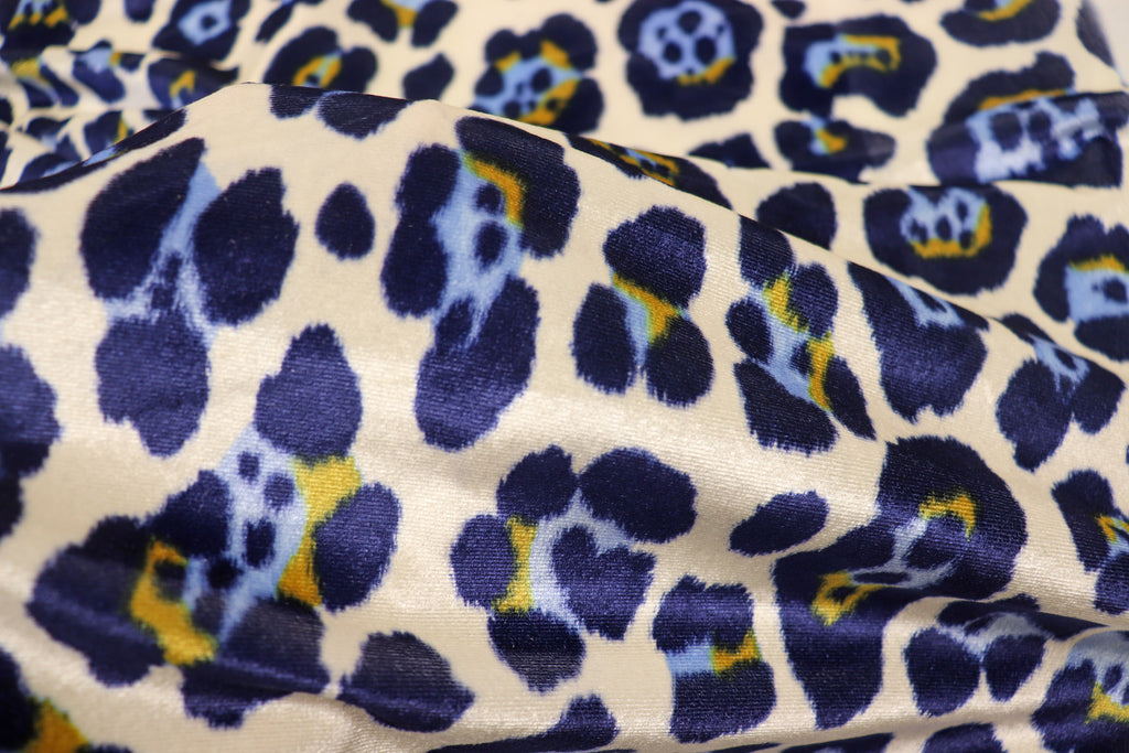 Jaguar Print Velvet Fabric Ivory Blue Gold Black Animal Rosettes