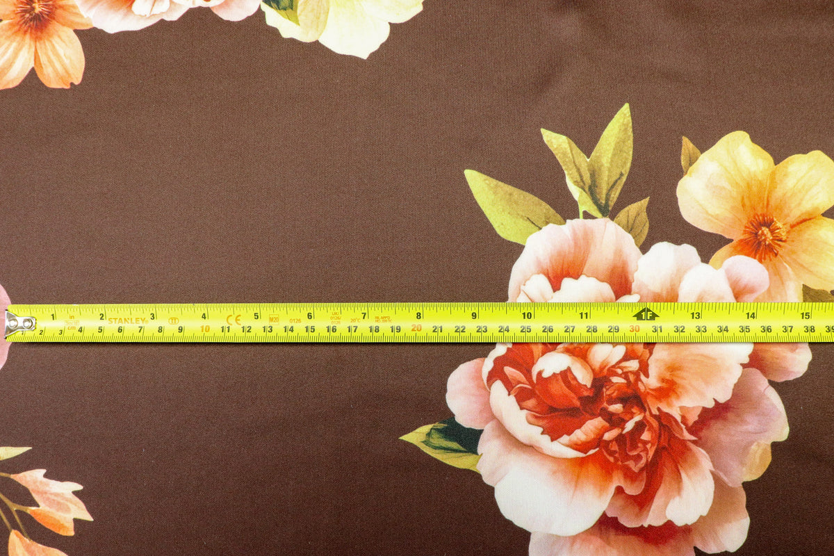 Floral Scuba Jersey Fabric Brown Peach Pink Yellow 2-Way Stretch