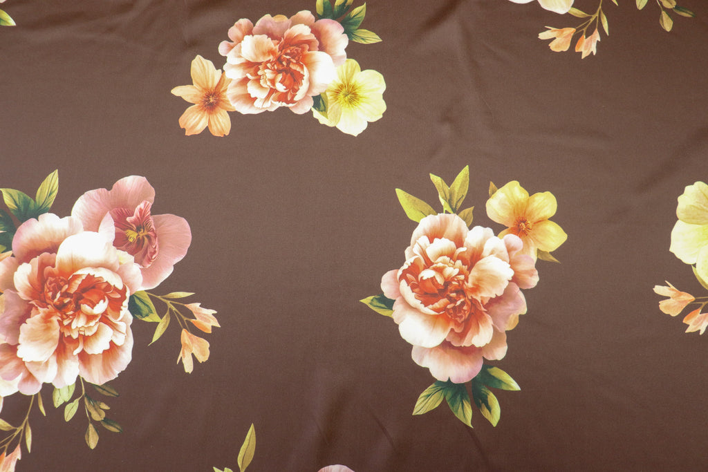 Floral Scuba Jersey Fabric Brown Peach Pink Yellow 2-Way Stretch
