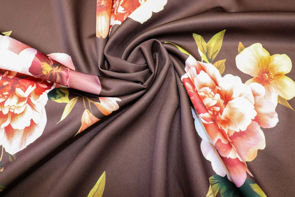 Floral Scuba Jersey Fabric Brown Peach Pink Yellow 2-Way Stretch