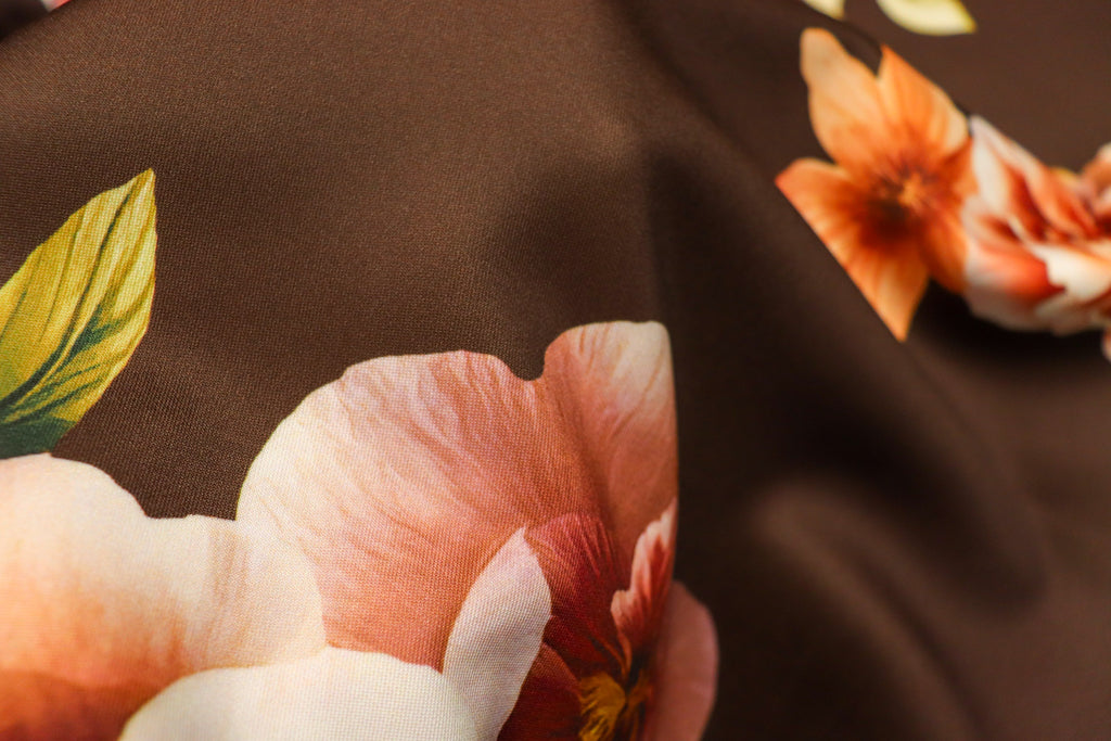 Floral Scuba Jersey Fabric Brown Peach Pink Yellow 2-Way Stretch