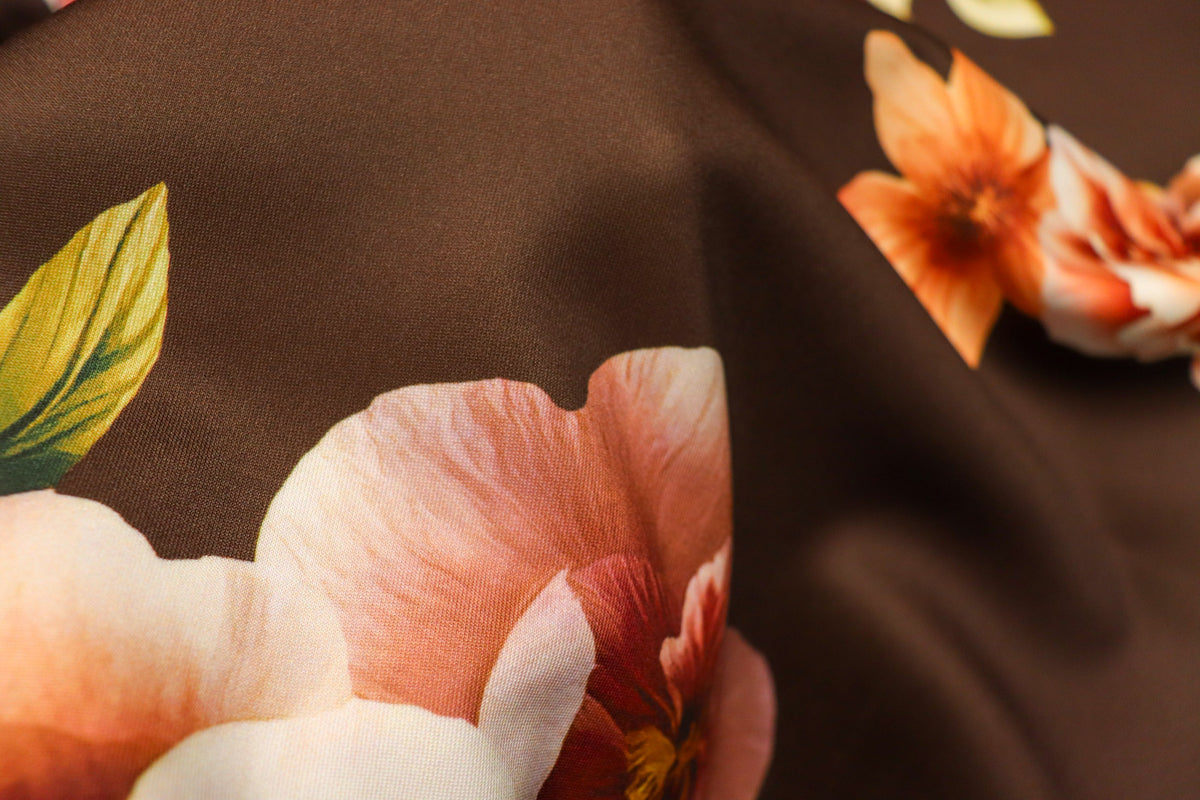 Floral Scuba Jersey Fabric Brown Peach Pink Yellow 2-Way Stretch