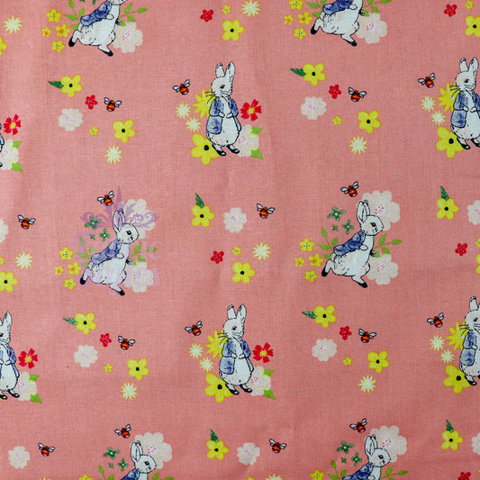 Peter Rabbit Floral Bees Coral Cotton Fabric 0.88 Metres