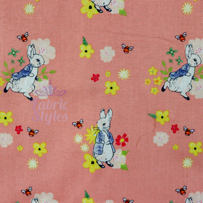 Peter Rabbit Floral Bees Coral Cotton Fabric 0.88 Metres