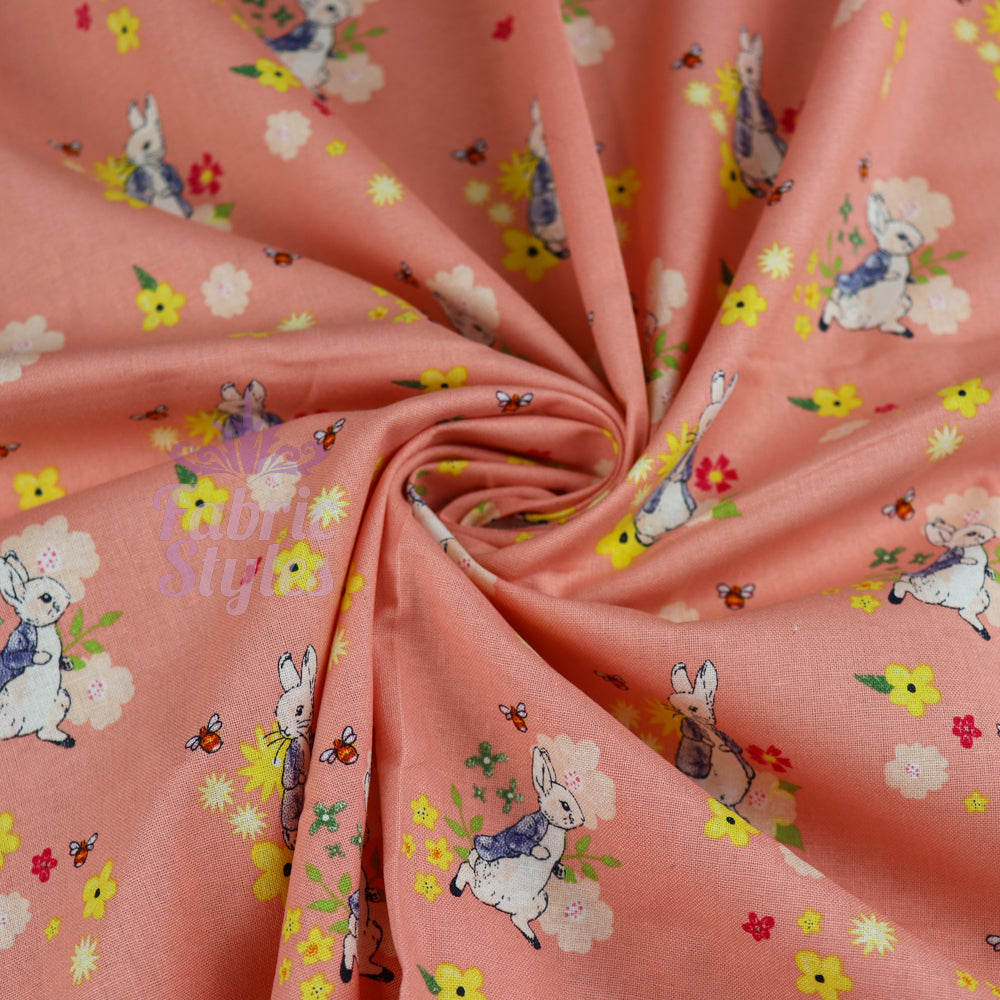 Peter Rabbit Floral Bees Coral Cotton Fabric 0.88 Metres