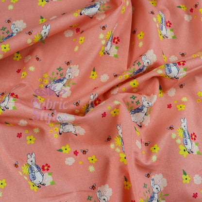 Peter Rabbit Floral Bees Coral Cotton Fabric 0.88 Metres