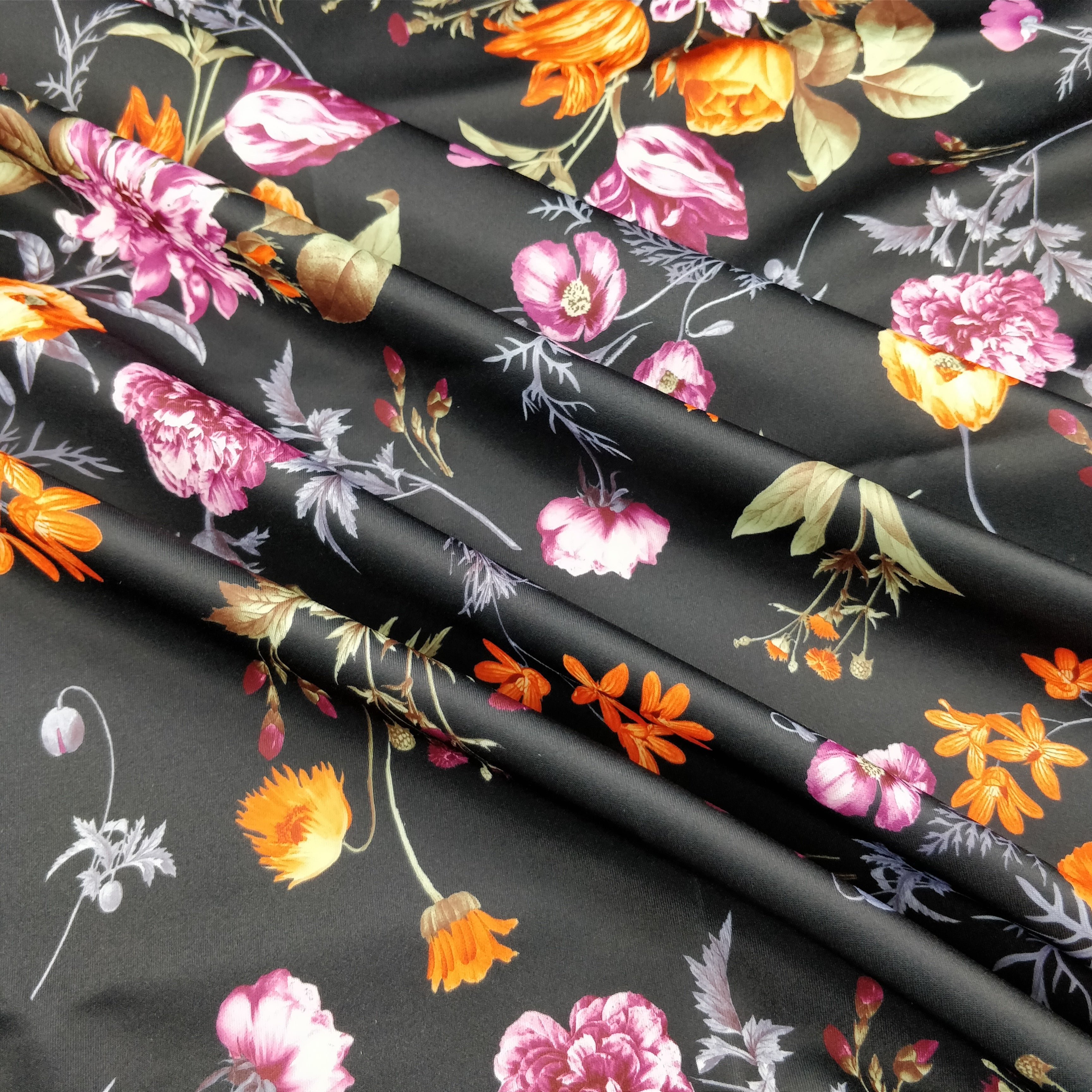 Black Floral Scuba Fabric – Vintage Wildflower Print