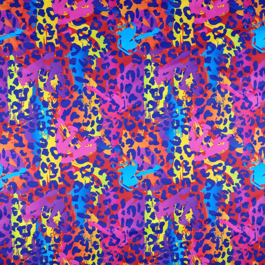 Colorful leopard print pattern with pink, blue, purple, and yellow.