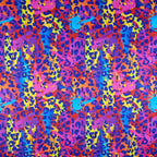 Colorful leopard print pattern with pink, blue, purple, and yellow.