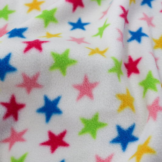 FS743_1 Multicolour Stars Fleece Fabric White