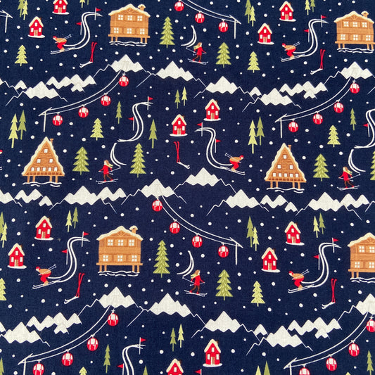 Xmas Ski Resort Navy Cotton Fabric 0.8 Metres