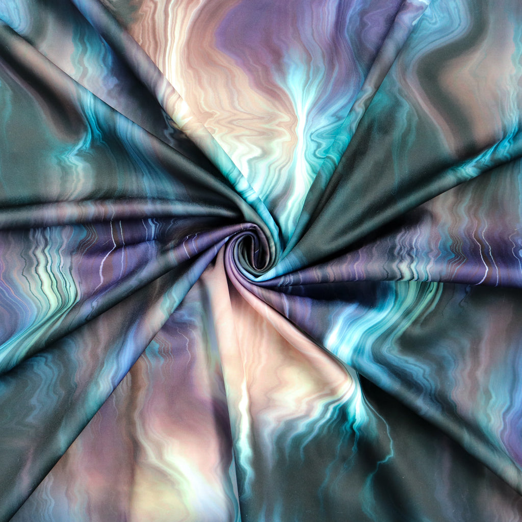 FS1214 Elegant Tie Dye Print Scuba Stretch Knit Fabric | Fabric | Black, Blue, Colourful, drape, Fabric, fashion fabric, Green, Marble, Marble Effect, New, Nude, Orange, paint, paint strokes, Purple, Scuba, sewing, Stretchy, Swirl, Teal, tie dye | Fabric Styles