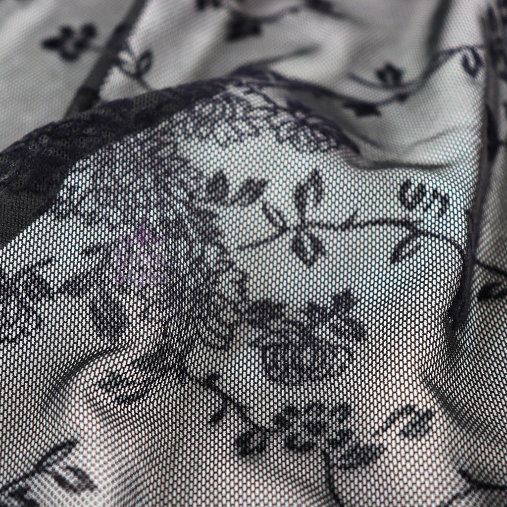 Black Flock Floral Power Mesh